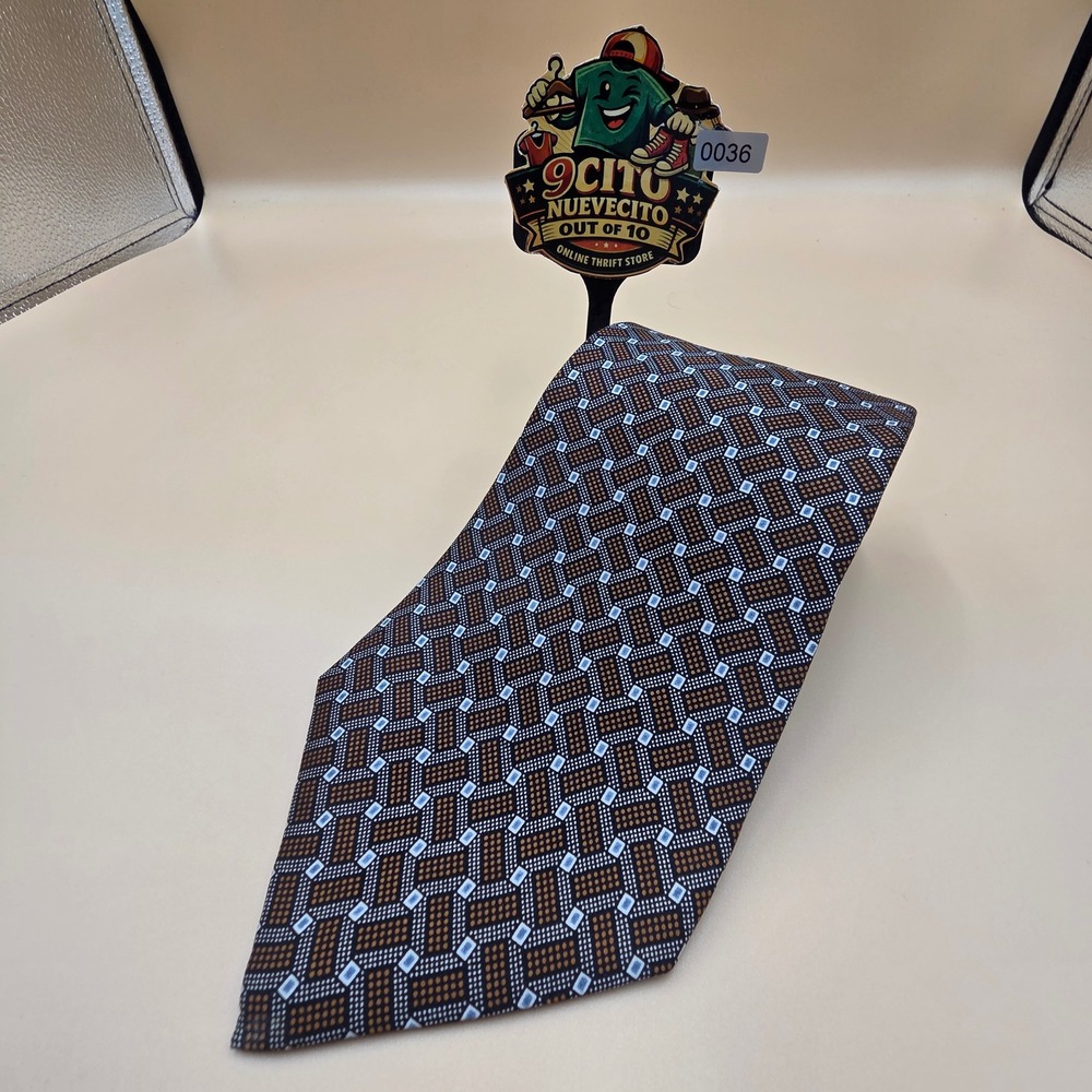 Perry Ellis Portfolio Mens Silk Tie Brown Blue Geometric Pattern Made in USA